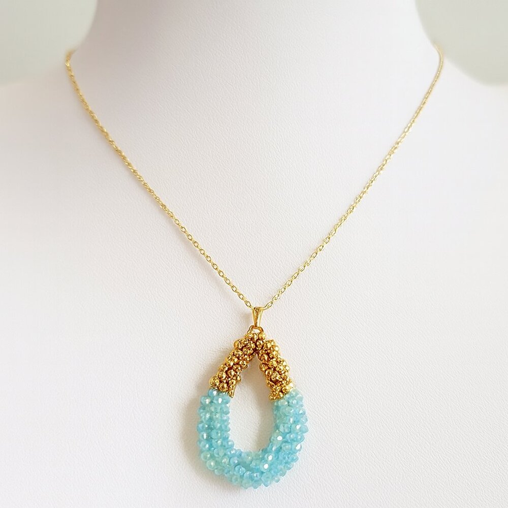 Gold & Light-Blue Beaded Twisted Teardrop Pendant Necklace Elegant Women Jewelry